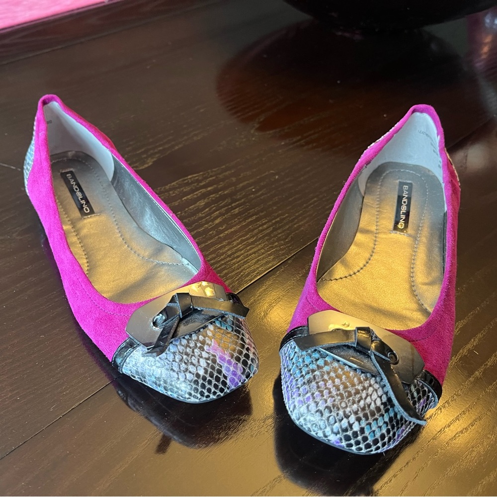 Fuchsia suede flats with snakeskin toe. So unique!